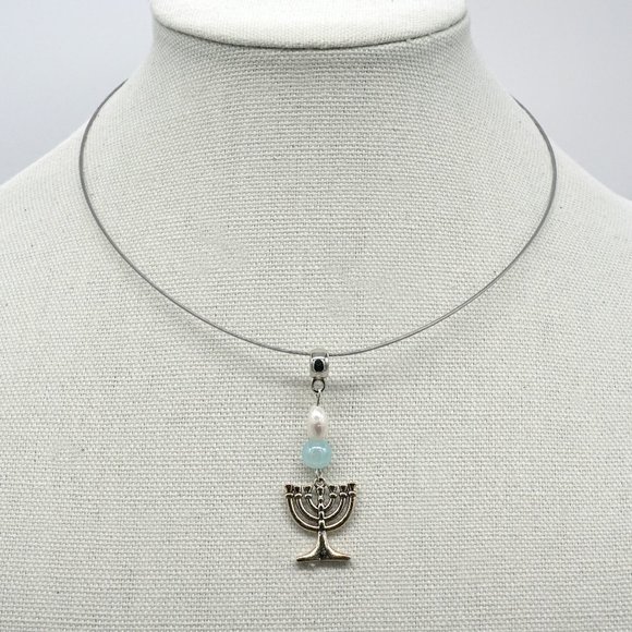 My Bead Emporium Jewelry - Choker with Freshwater Pearl and Aqua Chalcedony stone. Menorah pendant.